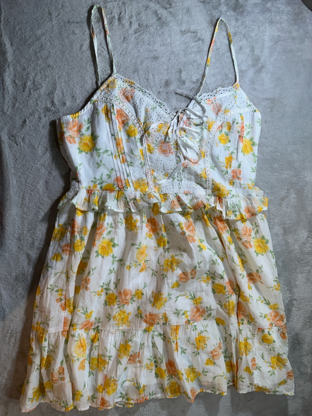 American Eagle Outfitters Floral Dress with Yellow & Peach Blossoms Tiered